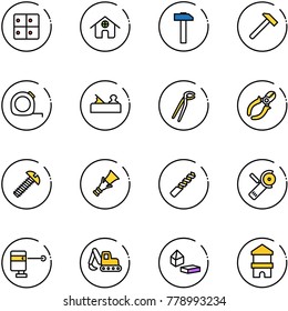 line vector icon set - baggage room vector, home, hammer, measuring tape, jointer, plumber, side cutters, screw, dowel, drill, Angular grinder, laser lever, excavator toy, constructor blocks