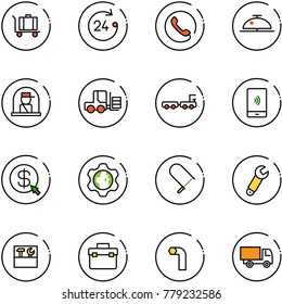 line vector icon set - baggage vector, 24 hours, phone, client bell, officer window, fork loader, truck, mobile payment, money click, gear globe, fretsaw, wrench, tool box, allen key, toy