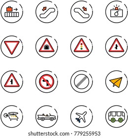 line vector icon set - baggage vector, escalator up, down, terrorism, giving way road sign, tunnel, traffic light, intersection, no left turn, limit, paper fly, helicopter, cabrio, plane, toy bus