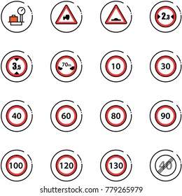 line vector icon set - baggage scales vector, tractor way road sign, artificial unevenness, limited width, height, distance, speed limit 10, 30, 40, 60, 80, 90, 100, 120, 130, end