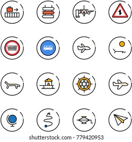 line vector icon set - baggage vector, sign post, boarding passengers, intersection road, customs, bus, plane, lounger, bungalow, hand wheel, globe, trip, jack, paper