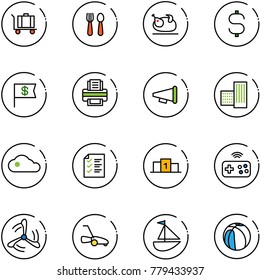 line vector icon set - baggage vector, spoon and fork, turkey, dollar sign, flag, printer, speaker horn, building, cloud, list, pedestal, joystick wireless, wind mill, lawn mower, sailboat toy