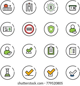 line vector icon set - baggage vector, metal detector gate, dollar sun, receipt, check, customs road sign, shield cross, user login, clipboard, list, chess queen