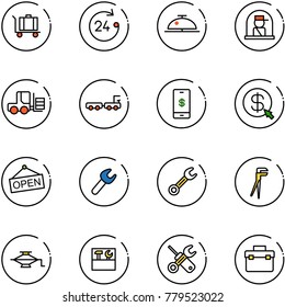 line vector icon set - baggage vector, 24 hours, client bell, officer window, fork loader, truck, mobile payment, money click, open, wrench, plumber, jack, tool box, screwdriver