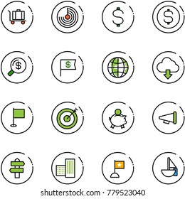 line vector icon set - baggage vector, radar, dollar, coin, money search, flag, globe, download cloud, target, piggy bank, speaker horn, signpost, building, sailboat toy