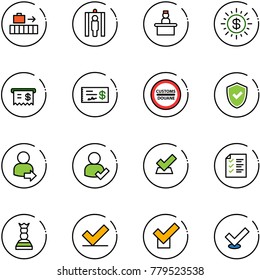 line vector icon set - baggage vector, metal detector gate, recieptionist, dollar sun, receipt, check, customs road sign, shield, user login, list, chess queen