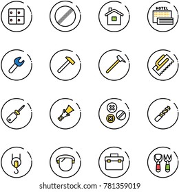 line vector icon set - baggage room vector, no limit road sign, home, sea hotel, wrench, hammer, mason, trowel, screwdriver, dowel, rivet, drill, winch, protect glass, tool box, shovel fork toy