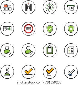 line vector icon set - baggage vector, metal detector gate, dollar sun, receipt, check, customs road sign, shield, cross, user login, clipboard, list, chess queen