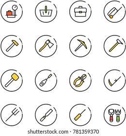 line vector icon set - baggage scales vector, basket, portfolio, suitcase, hammer, axe, mason, rubber, chisel, side cutters, scythe, farm fork, rasp, awl, shovel toy