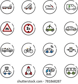 line vector icon set - baggage truck vector, trap, snowmobile, encashment car, road for moto sign, limited height, electric, limousine, cabrio, bike, wireless, jack, toy, rocket, helicopter, bus