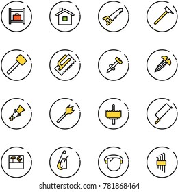 line vector icon set - baggage room vector, home, saw, mason hammer, rubber, trowel, nail dowel, screw, wood drill, crown, metal hacksaw, tool box, winch, protect glass, allen key set