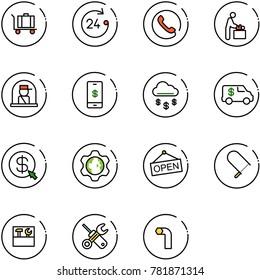 line vector icon set - baggage vector, 24 hours, phone, baby room, officer window, mobile payment, money rain, encashment car, click, gear globe, open, fretsaw, tool box, wrench screwdriver