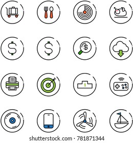 line vector icon set - baggage vector, spoon and fork, radar, turkey, dollar sign, money search, download cloud, printer, target, pedestal, joystick wireless, cd, mobile phone, wind mill