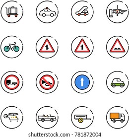 line vector icon set - baggage vector, safety car, trap truck, boarding passengers, bike, intersection road sign, rough, no trailer, horn, only forward, helicopter, cabrio, toy