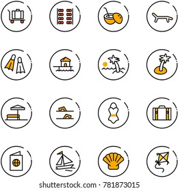 line vector icon set - baggage vector, plane seats, coconut cocktail, lounger, flippers, bungalow, palm, inflatable pool, flip flops, swimsuit, suitcase, passport, sail boat, shell, kite