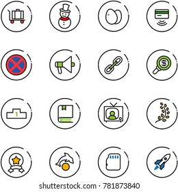 line vector icon set - baggage vector, snowman, eggs, tap pay, no stop road sign, loudspeaker, link, search money, pedestal, book, tv news, golden branch, star medal, dolphin, micro flash card