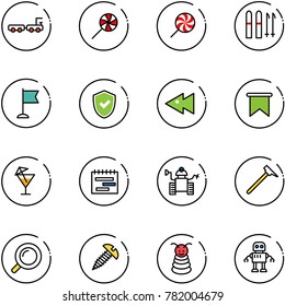 line vector icon set - baggage truck vector, lollipop, ski, flag, shield check, fast backward, drink, terms plan, robot, mason hammer, magnifier, screw, pyramid toy