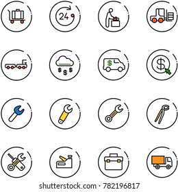 line vector icon set - baggage vector, 24 hours, baby room, fork loader, truck, money rain, encashment car, click, wrench, plumber, screwdriver, stapler, tool box, toy