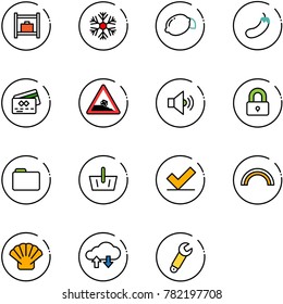 line vector icon set - baggage room vector, snowflake, lemon, eggplant, credit card, steep roadside road sign, volume medium, locked, folder, basket, check, rainbow, shell, cloud exchange data