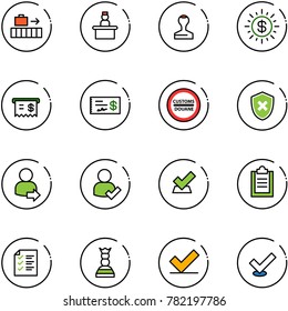 line vector icon set - baggage vector, recieptionist, stamp, dollar sun, receipt, check, customs road sign, shield cross, user login, clipboard, list, chess queen