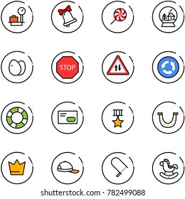 line vector icon set - baggage scales vector, bell, lollipop, snowball house, eggs, stop road sign, oncoming traffic, circle, lifebuoy, envelope, star medal, luck, crown, cap, fretsaw, rocking horse