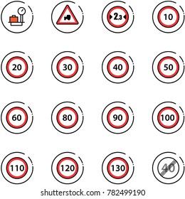 line vector icon set - baggage scales vector, tractor way road sign, limited width, speed limit 10, 20, 30, 40, 50, 60, 80, 90, 100, 110, 120, 130, end