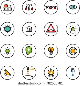line vector icon set - baggage vector, garland, eye, sun, bank, drawbridge road sign, idea, bulb, head, business, watermelone, lighthouse, fire, laser