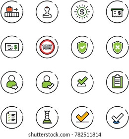 line vector icon set - baggage vector, stamp, dollar sun, receipt, check, customs road sign, shield, cross, user login, clipboard, list, chess queen