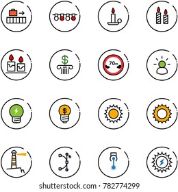 line vector icon set - baggage vector, garland, candle, bank, limited distance road sign, idea, business, sun, lighthouse, bezier, laser, power