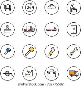 line vector icon set - baggage vector, 24 hours, client bell, baby room, recieptionist, fork loader, truck, mobile payment, wrench, rubber hammer, jack, stapler, tool box, toy
