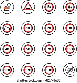 line vector icon set - baggage scales vector, artificial unevenness road sign, limited width, height, distance, speed limit 10, 20, 30, 40, 50, 70, 100, 110, 120, 130, end