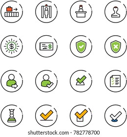 line vector icon set - baggage vector, metal detector gate, recieptionist, stamp, dollar sun, check, shield, cross, user login, list, chess queen