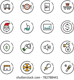 line vector icon set - baggage vector, plate spoon fork, coffee machine, vip, santa claus, stomach, statistics, dollar coin, safe, cash pay, volume medium, rich, swimsuit, parasol, oiler