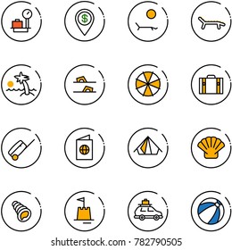 line vector icon set - baggage scales vector, dollar pin, lounger, palm, flip flops, parasol, suitcase, passport, tent, shell, sand castle, car, beach ball