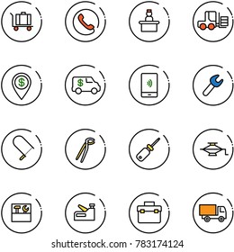 line vector icon set - baggage vector, phone, recieptionist, fork loader, dollar pin, encashment car, mobile payment, wrench, fretsaw, plumber, screwdriver, jack, tool box, stapler, truck toy