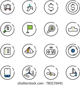 line vector icon set - baggage vector, banana, dollar sign, coin, money search, flag, head hunter, pedestal, list, tent, joystick wireless, cd, mobile phone, wind mill, lawn mower, sailboat toy