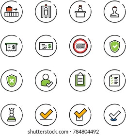 line vector icon set - baggage vector, metal detector gate, recieptionist, stamp, receipt, check, customs road sign, shield, cross, user, clipboard, list, chess queen