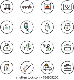 line vector icon set - baggage vector, truck, room, first aid kit, doctor bag, drop counter, money, investment, encashment, portfolio, suitcase, car, case