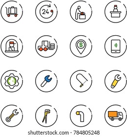 line vector icon set - baggage vector, 24 hours, baby room, recieptionist, officer window, fork loader, dollar pin, mobile payment, gear globe, wrench, fretsaw, plumber, allen key, truck toy