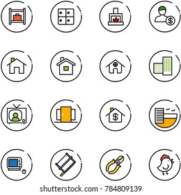 line vector icon set - baggage room vector, fireplace, account, home, building, tv news, doors, dollar, hotel, monoblock pc, bucksaw, side cutters, chicken toy