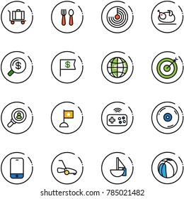 line vector icon set - baggage vector, spoon and fork, radar, turkey, money search, dollar flag, globe, target, head hunter, joystick wireless, cd, mobile phone, lawn mower, sailboat toy, basketball