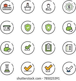line vector icon set - baggage vector, recieptionist, stamp, dollar sun, receipt, shield check, cross, user login, clipboard, list, chess queen