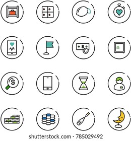 line vector icon set - baggage room vector, lemon, stopwatch heart, mobile monitor, flag, cash, safe, money search, phone, sand clock, manager, brick wall, carbon, chisel, moon lamp