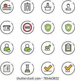 line vector icon set - baggage vector, metal detector gate, recieptionist, stamp, receipt, customs road sign, shield check, cross, user login, clipboard, list, chess queen
