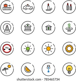 line vector icon set - baggage vector, safety car, candle, snowball tree, bank, limited distance road sign, bulb, sun, beach, watermelone, laser