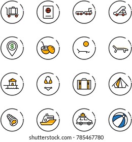 line vector icon set - baggage vector, passport, truck, trap, dollar pin, coconut cocktail, lounger, bungalow, swimsuit, suitcase, tent, shell, cruiser, car, beach ball