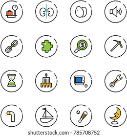 line vector icon set - baggage scales vector, kidneys, eggs, volume medium, link, puzzle, search money, job, sand clock, bank building, monoblock pc, wrench, allen key, sailboat toy, baseball bat