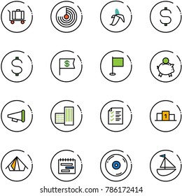 line vector icon set - baggage vector, radar, banana, dollar sign, flag, piggy bank, speaker horn, building, list, pedestal, tent, terms plan, cd, sailboat toy
