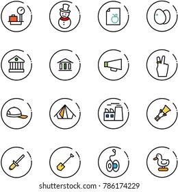 line vector icon set - baggage scales vector, snowman, diet list, eggs, bank, loudspeaker, victory, cap, tent, plant, dowel, clinch, shovel, yoyo, toy duck