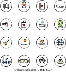 line vector icon set - baggage vector, train, passport, small plane, helicopter, star postcard, hospital bed, map pin, rocket, lounger, bungalow, globe, moon rover, protective glasses, ufo toy, boat